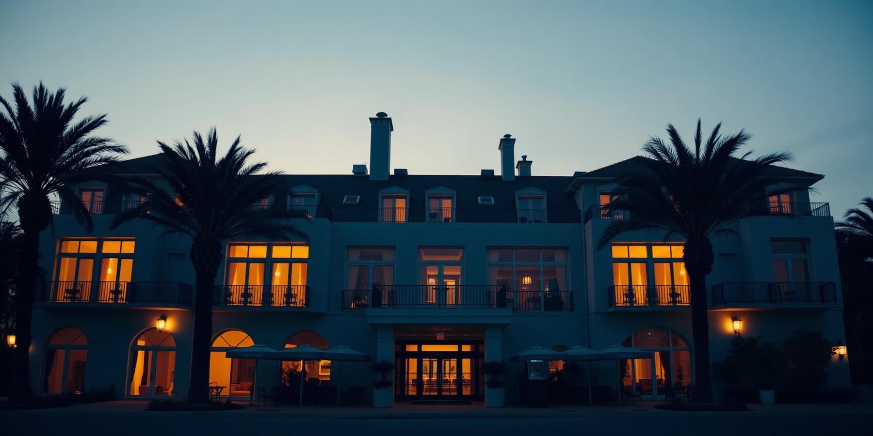 Luxury boutique hotel exterior at dusk