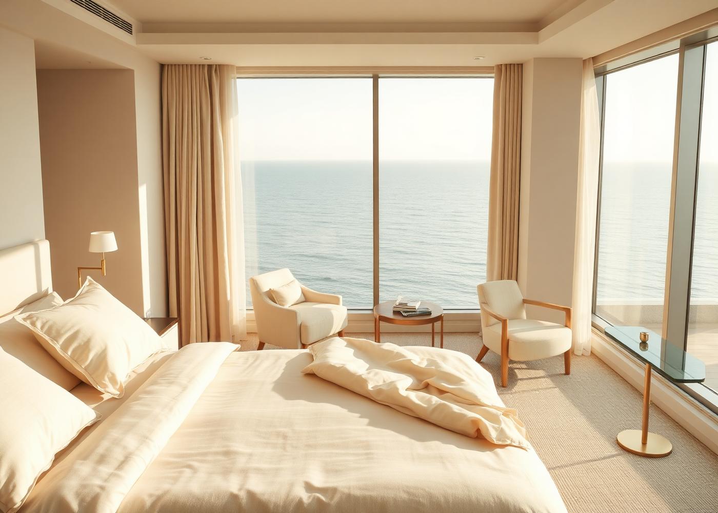 Serene ocean-view hotel suite with linen bedding